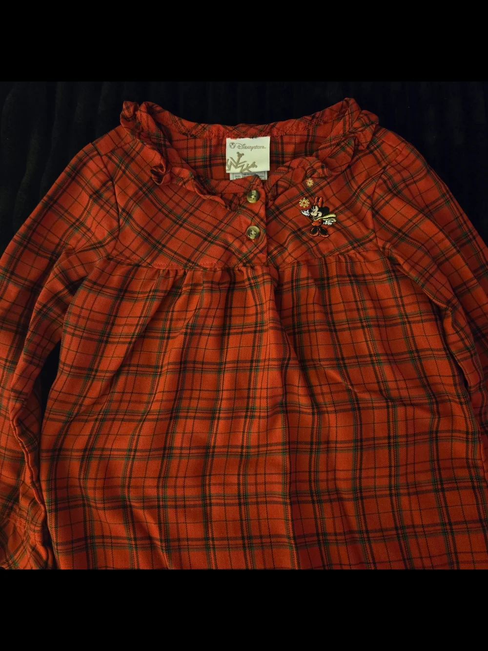 Disney Store Minnie Mouse Red Plaid Holiday Kids Nightgown PJs Ruffle XS EUC